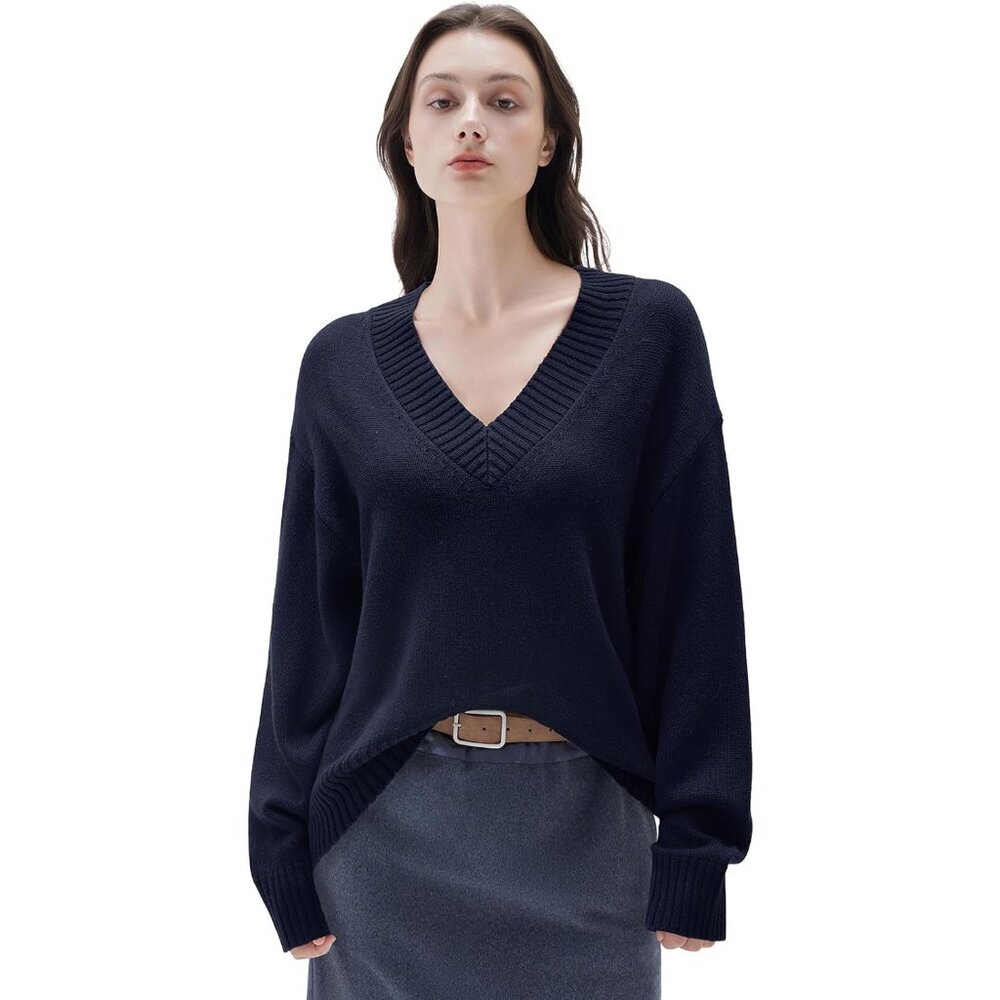 Women Cashmere V Neck Pullover Sweater Oversized Long Sleeve Casual Cozy